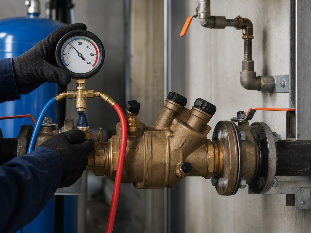 Close view of a pressure gauge connected to a backflow preventer