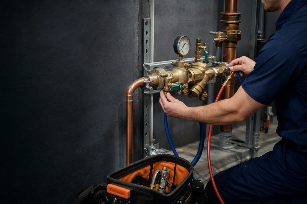 Technician testing a brass backflow prevention assembly with calibrated equipment